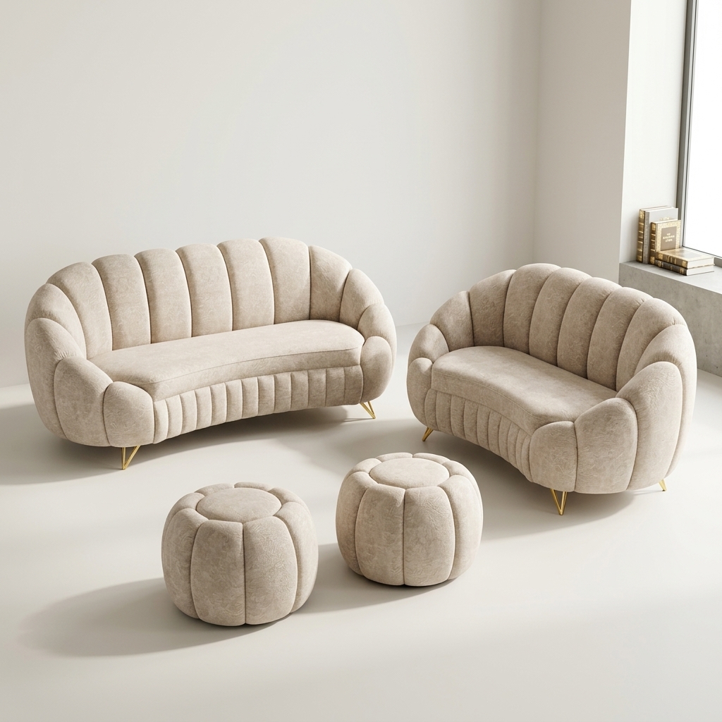 Juego de Sala Concha Curva Beige con Poufs, Salas & Cocinas